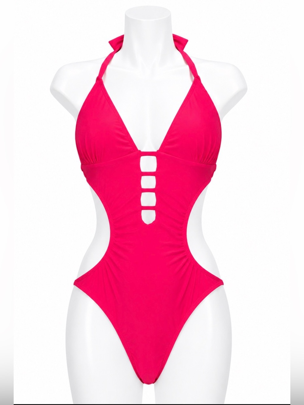 Neon Pink Y2K One-Piece Swimsuit with Side Cut-Outs - size Large - Picture 2 of 12